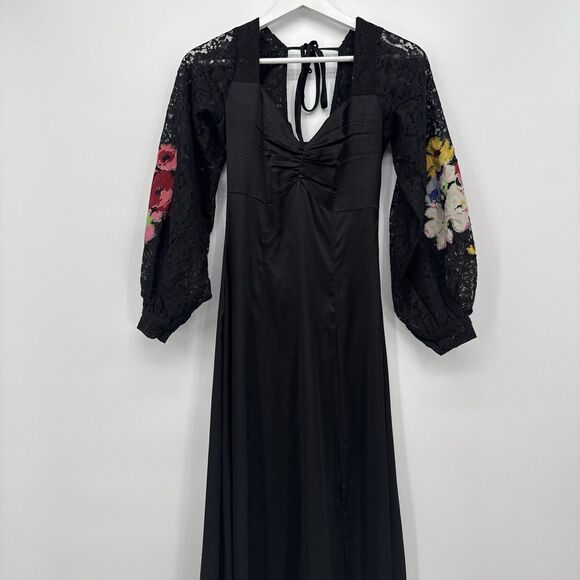 Topshop Dresses & Skirts - Topshop Black Satin Long Midi Dress Floral Embroidery Size 2 Formal